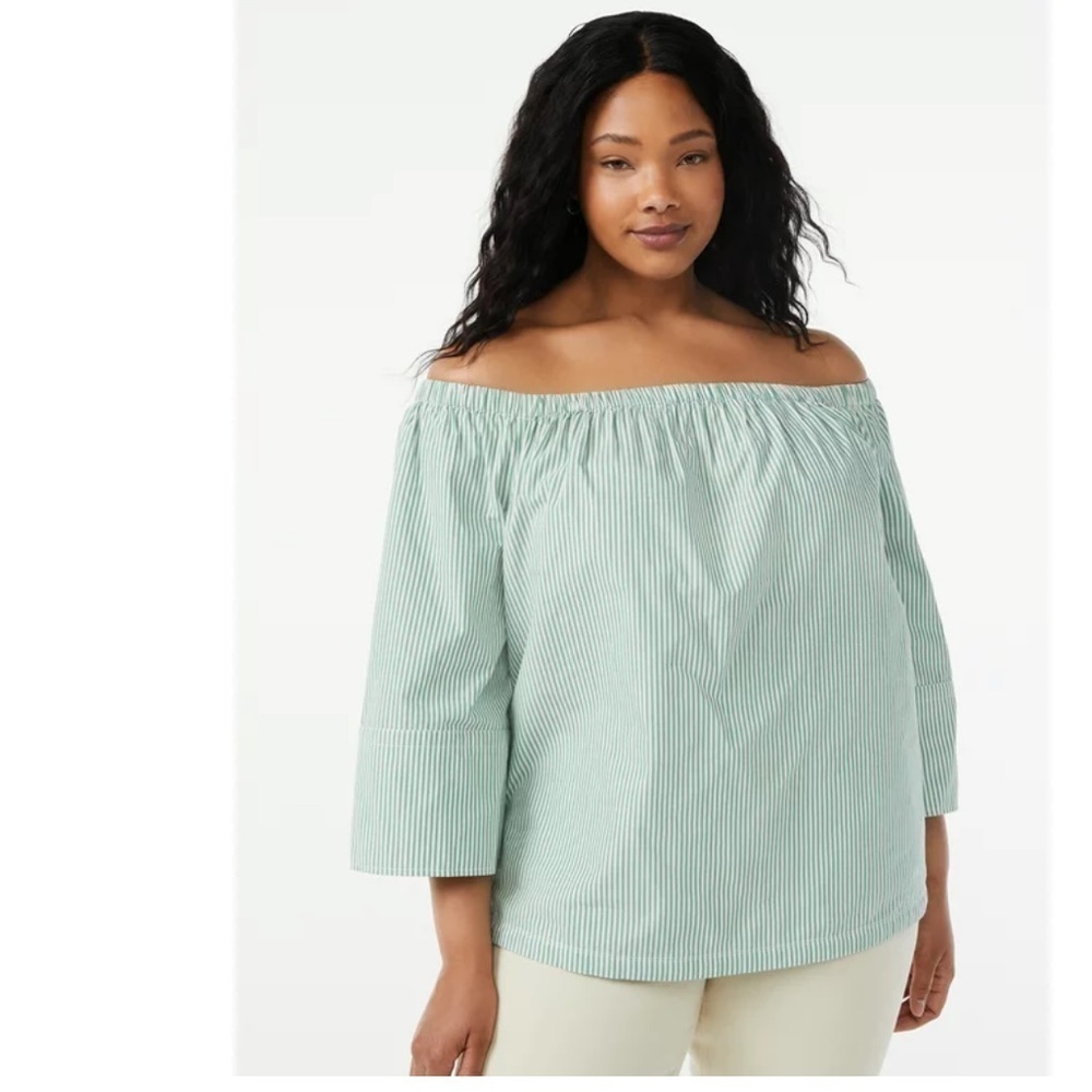 Free Assembly Women's Cold Shoulder Green Stripes Top Blouse ¾ Sleeves  Size M